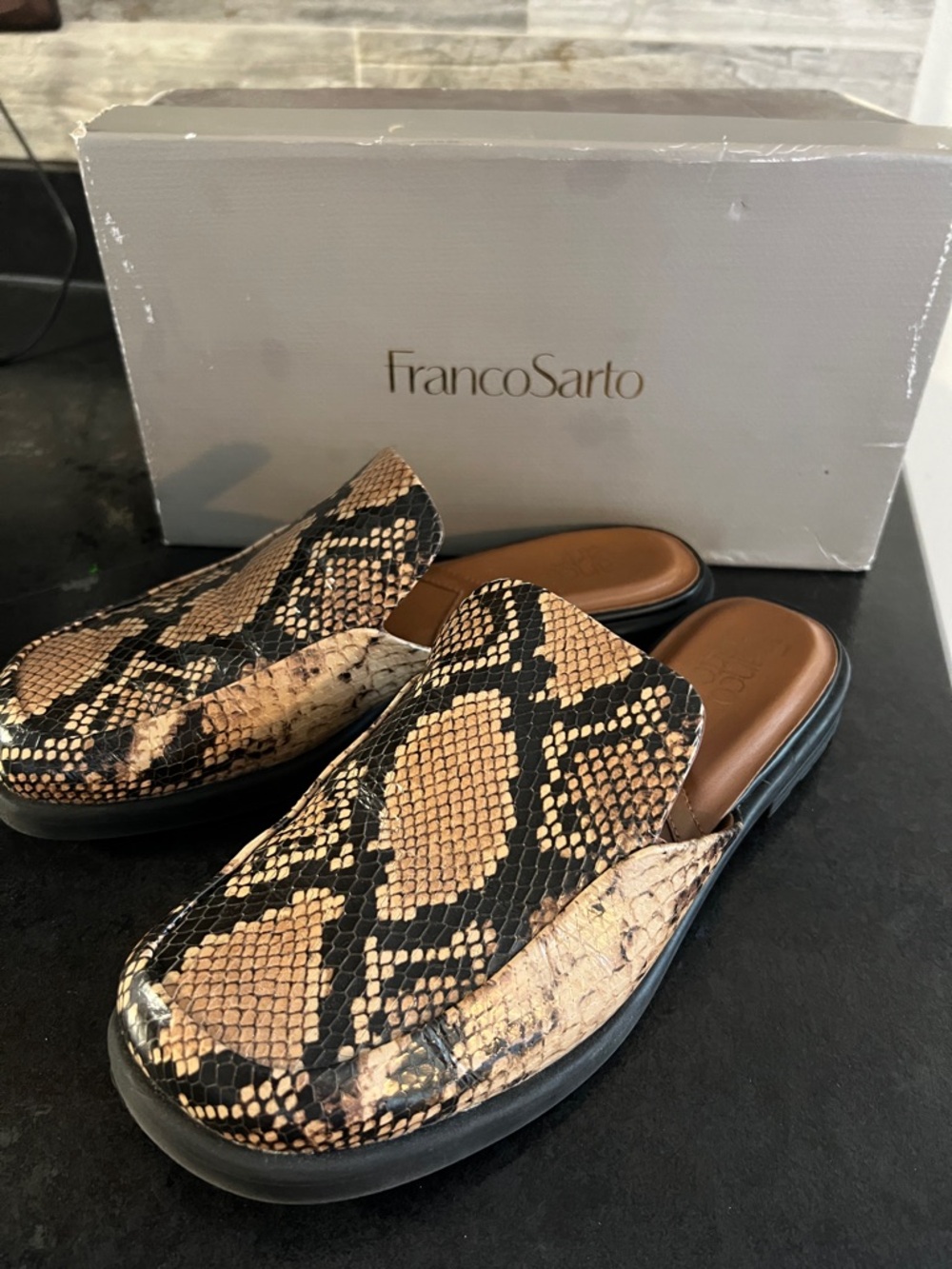 Franco Sarto Tan and Black Snake-Print Mule Clogs